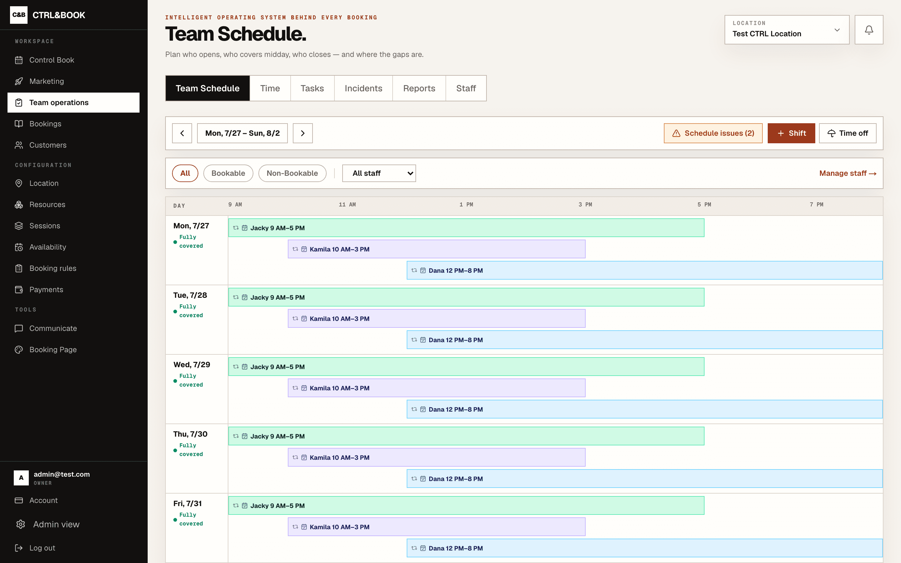 Team Schedule — Plan coverage, gaps and hours in one view